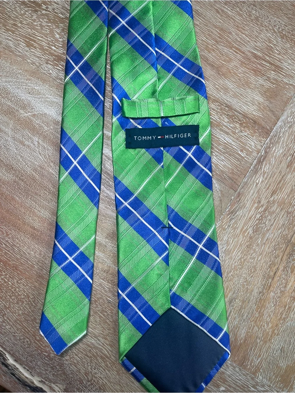 Tommy Hilfiger Green, Blue & White Plaid Silk Tie